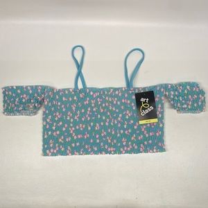 NWT Girls XL 14/16 Art Class Swim Suit Crop Top Cold Shoulder Blue Floral